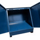 A dark blue metal storage cabinet with both doors open, showing a spacious interior space, photographed against a solid white background.