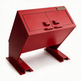 A red metal storage cabinet with two doors, industrial-style legs, and a small 'MAIMCO' brand plaque on the top right, shown on a clean white background.