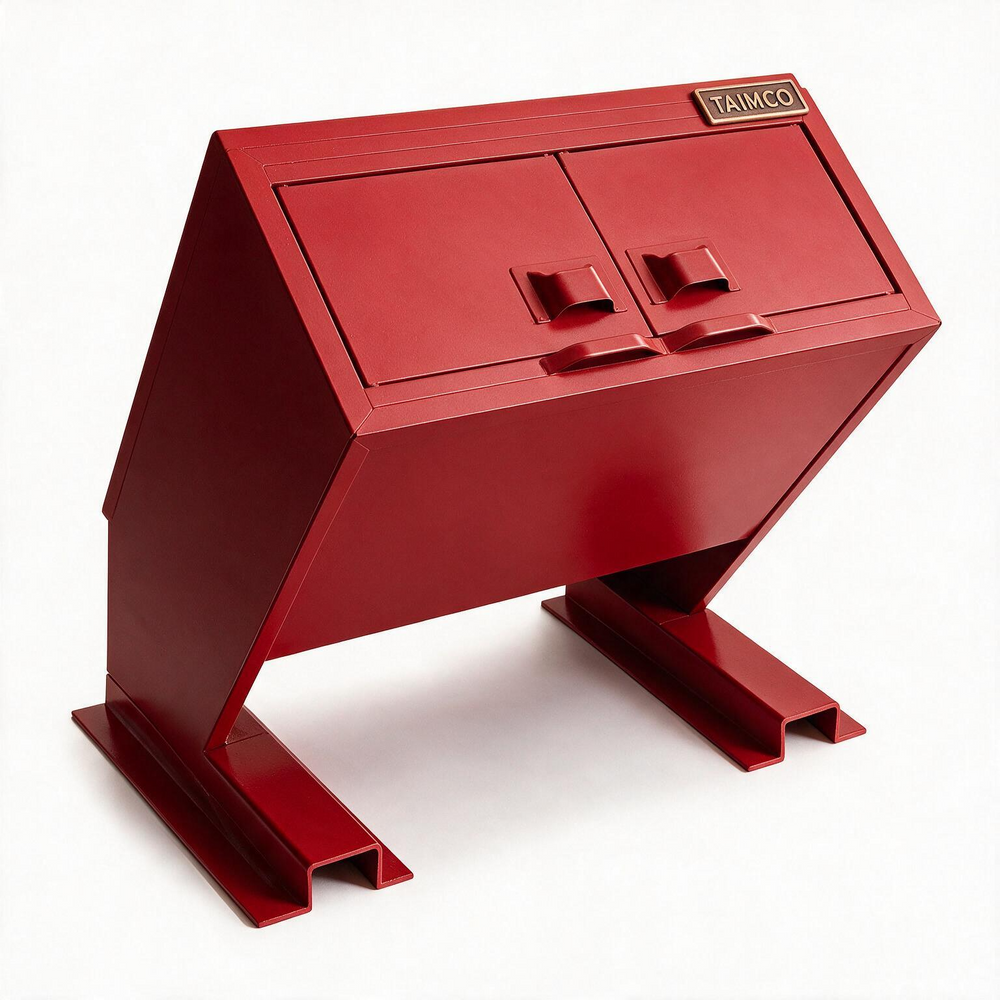 A red metal storage cabinet with two doors, industrial-style legs, and a small 'TAIMCO' brand plaque on the top right, shown on a clean white background.