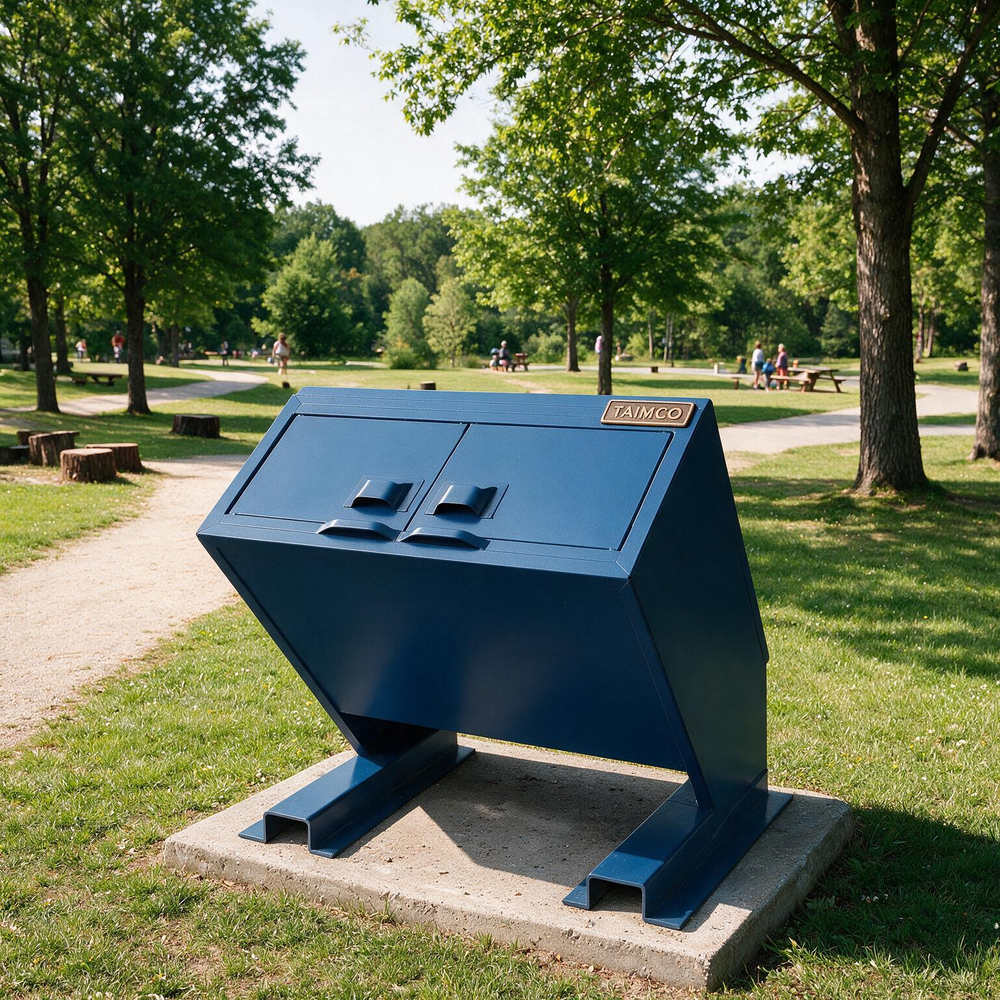 A large blue metal trash or recycling container on a concrete base in a grassy park area with trees and picnic tables in the background.