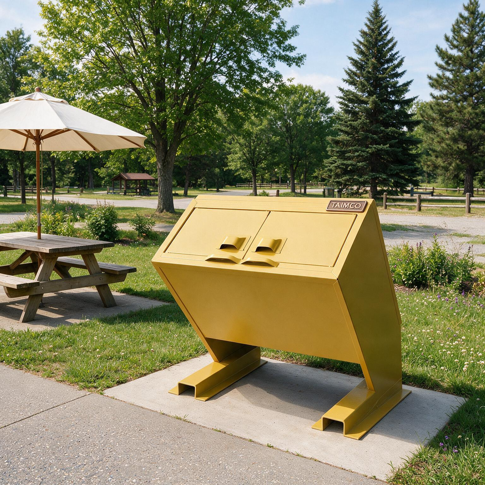 A bright yellow metal dumpster or storage container on a concrete pad in an outdoor park setting with grass, trees, picnic tables, and a patio umbrella.