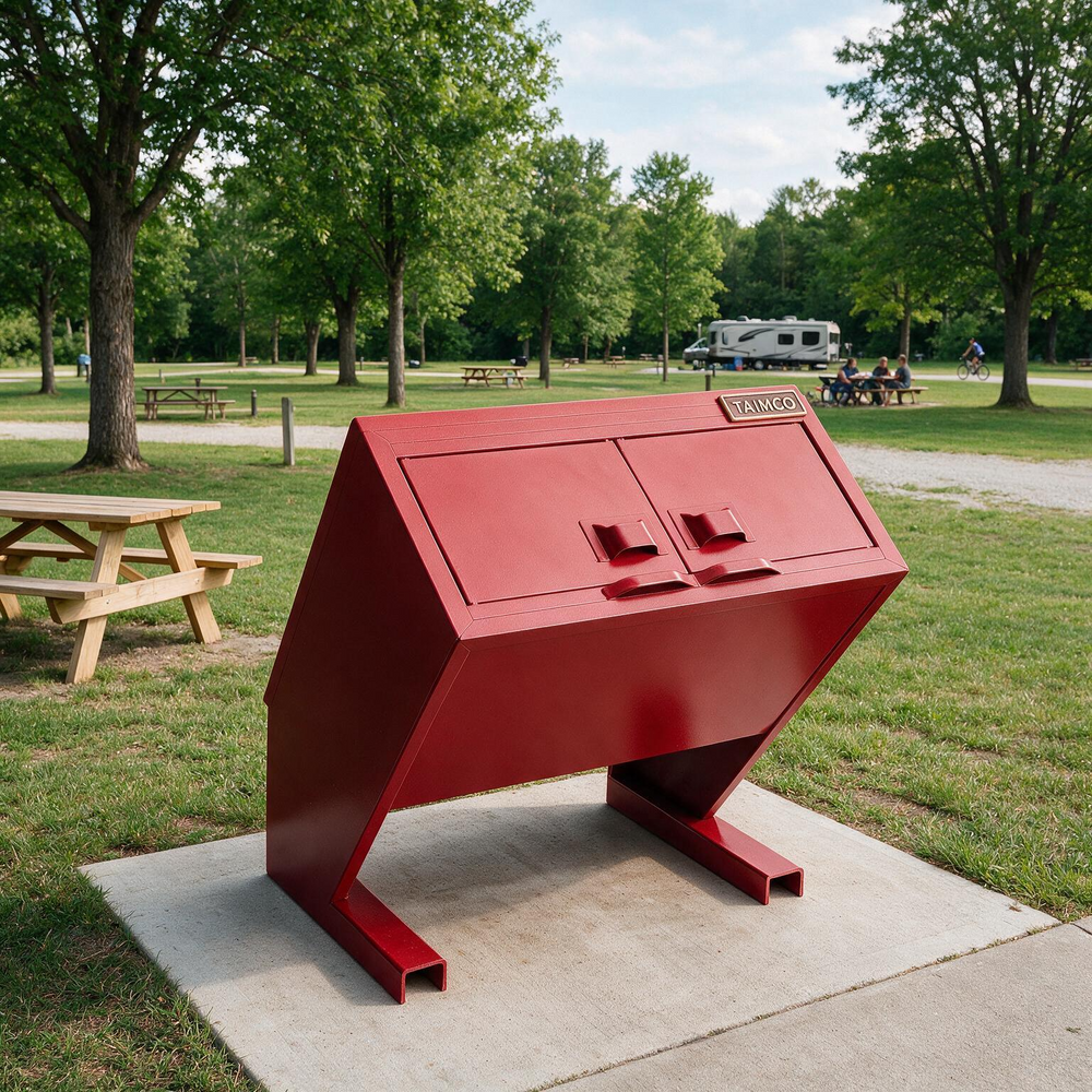 A red metal trash compactor or storage unit with a slanted front and two handle-like protrusions, placed on a concrete pad in a park with trees, picnic tables, and a distant RV visible.