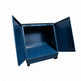 A dark blue metal storage cabinet with its two doors open, showing an empty interior space, photographed against a plain white background.