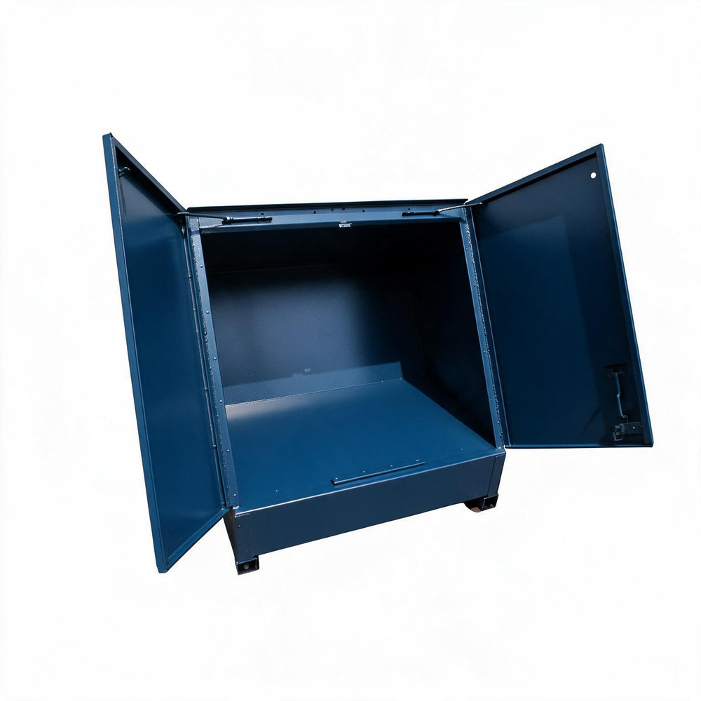 A dark blue metal storage cabinet with its two doors open, showing an empty interior space, photographed against a plain white background.