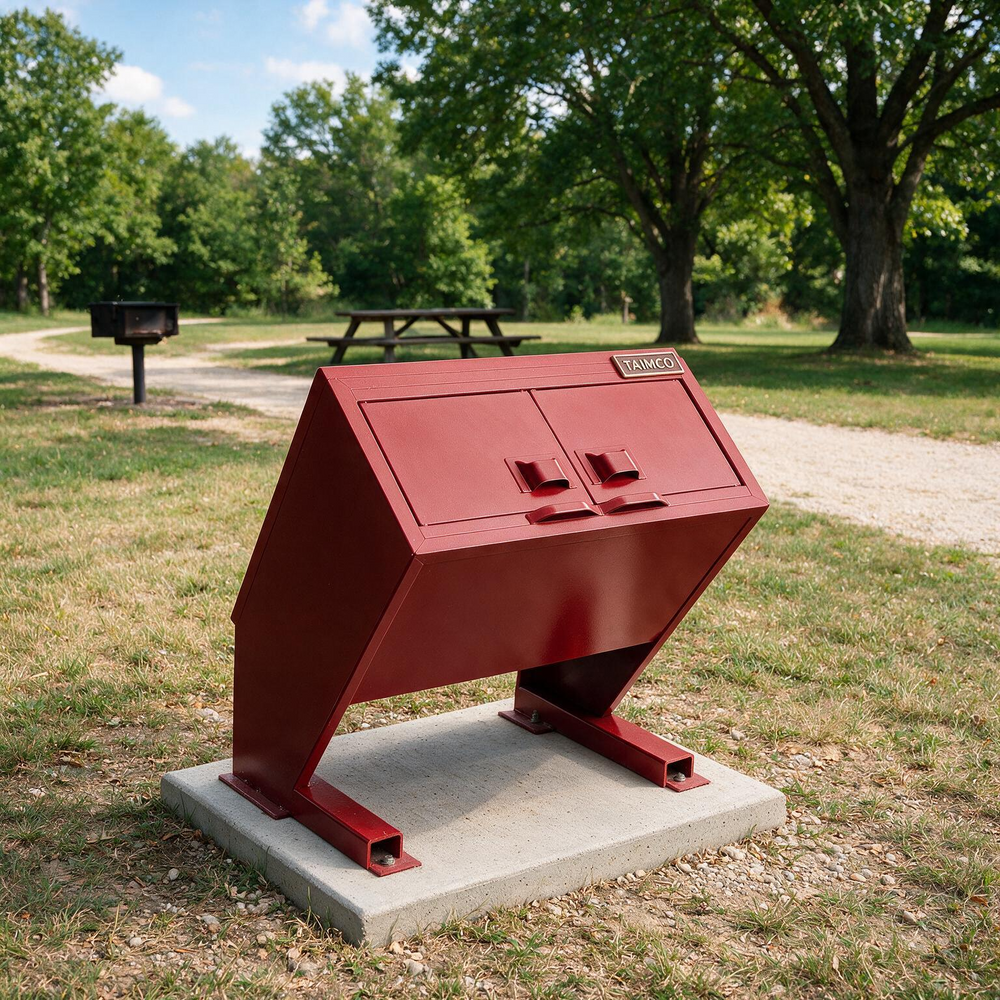 A red metal trash compactor unit mounted on a square concrete base in an outdoor park setting with grass, trees, and a picnic table visible in the background.