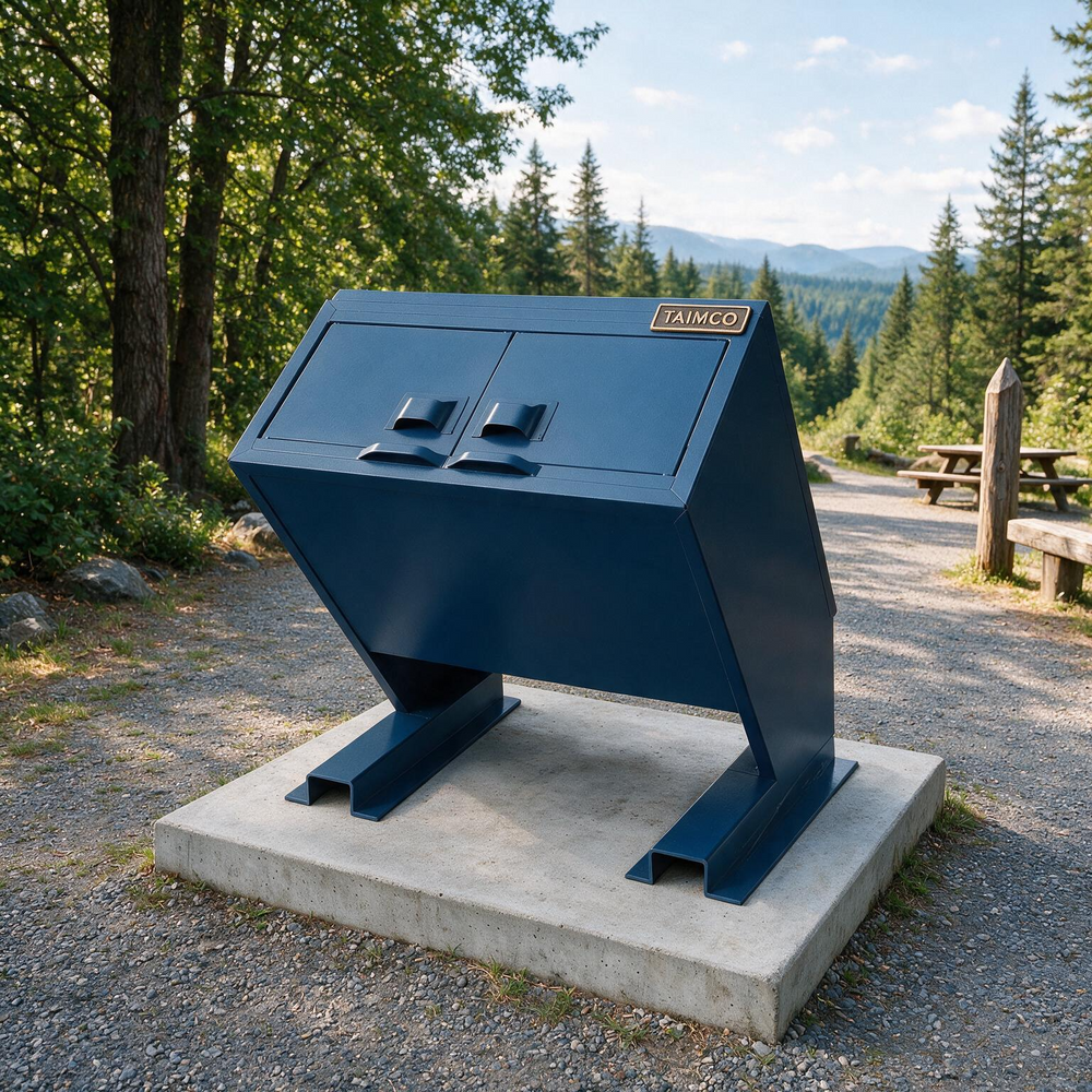 A large dark blue metal dumpster or storage container mounted on a concrete base outdoors on a gravel path, with trees, mountains, and picnic tables visible in the background. A small sign on the top reads TAIMCO.