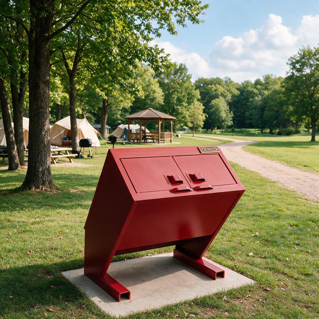 A red metal trash compactor or dumpster-style outdoor unit mounted on a concrete base in a grassy park area with trees, a picnic shelter, and a dirt path in the background.