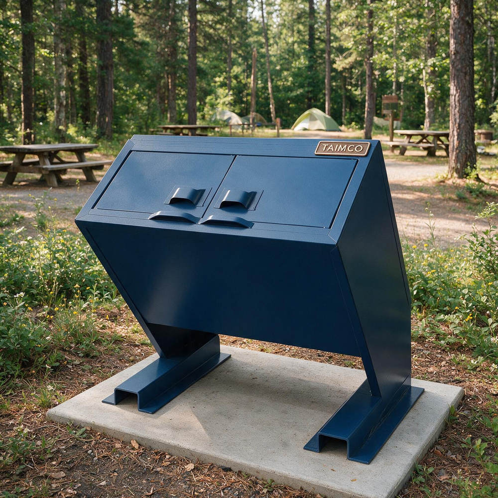 A dark blue metal trash compactor or waste container with two front handles, mounted on a concrete base in an outdoor wooded area with picnic tables and trees visible in the background.