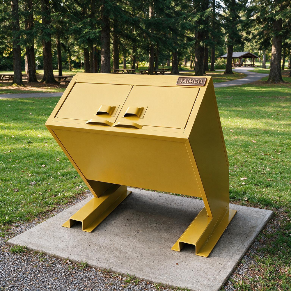 A yellow metal trash compactor unit on a concrete pad in an outdoor park setting with grass and trees.