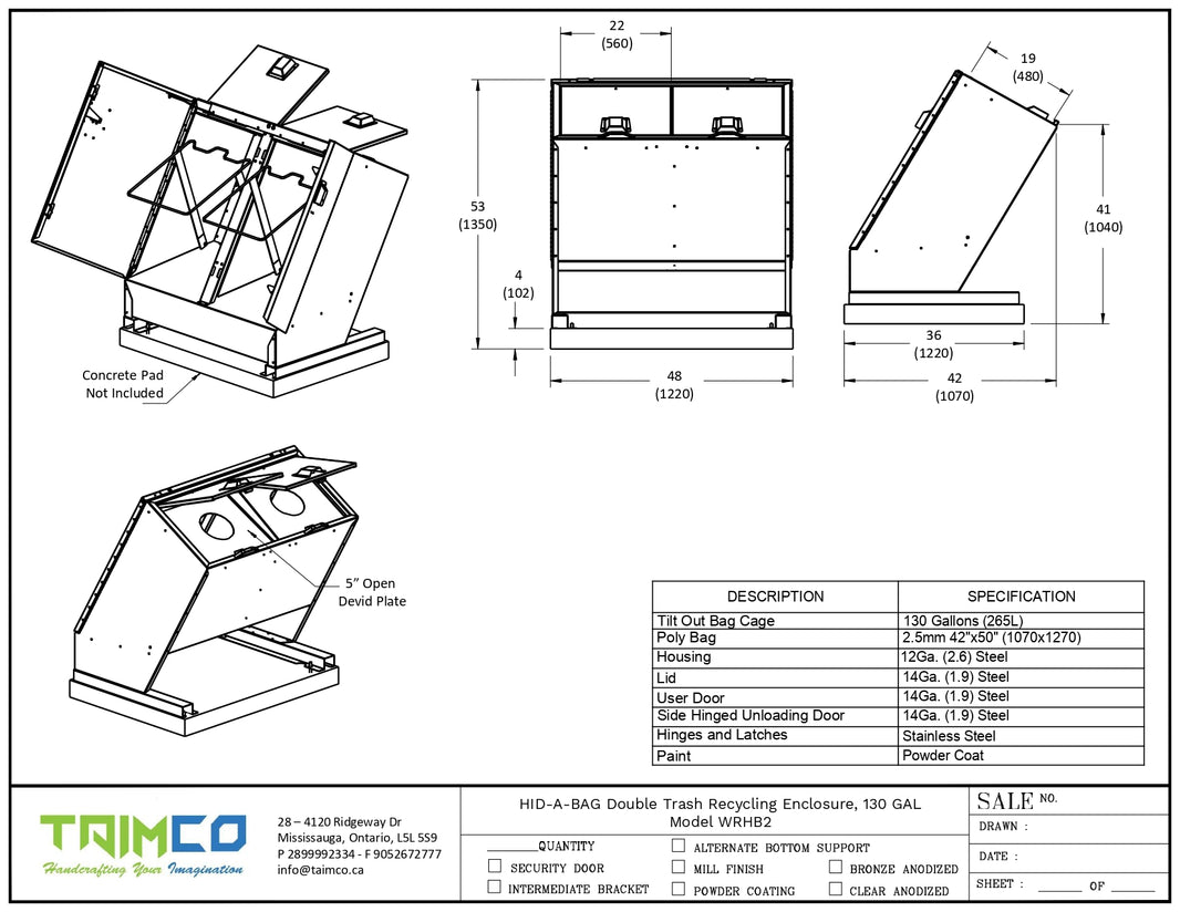HID-A-BAG Double Trash Recycling Enclosure, 130 GAL - Model WRHB2