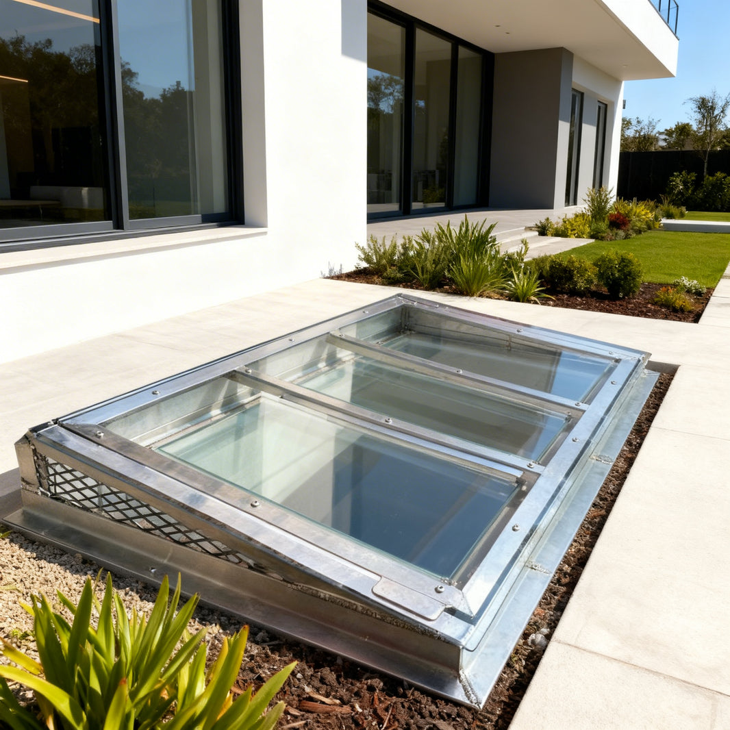 Glass rooflight on a modern building exterior with plants around