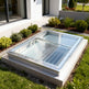 Glass rooflight on a concrete base in a garden setting