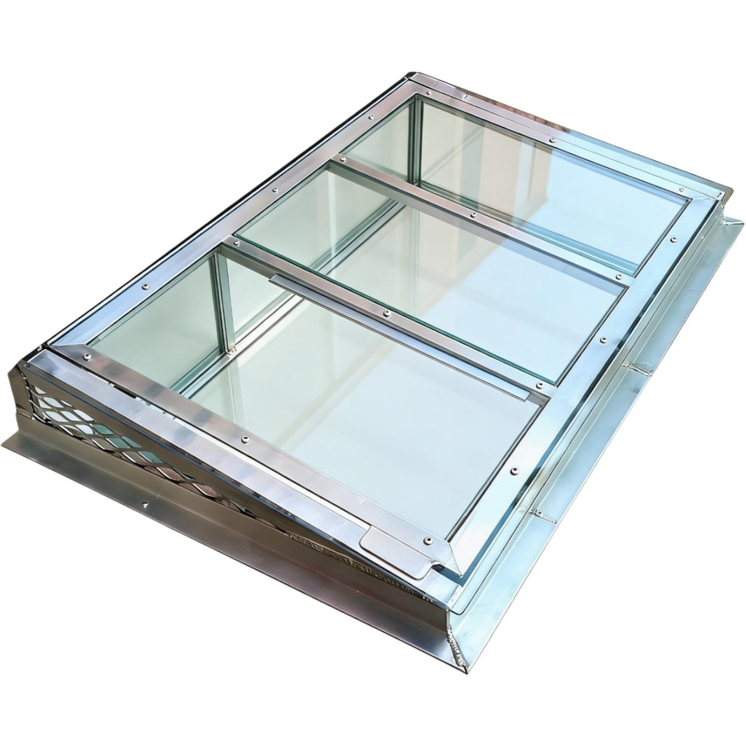 Glass rooflight with metal frame on a white background