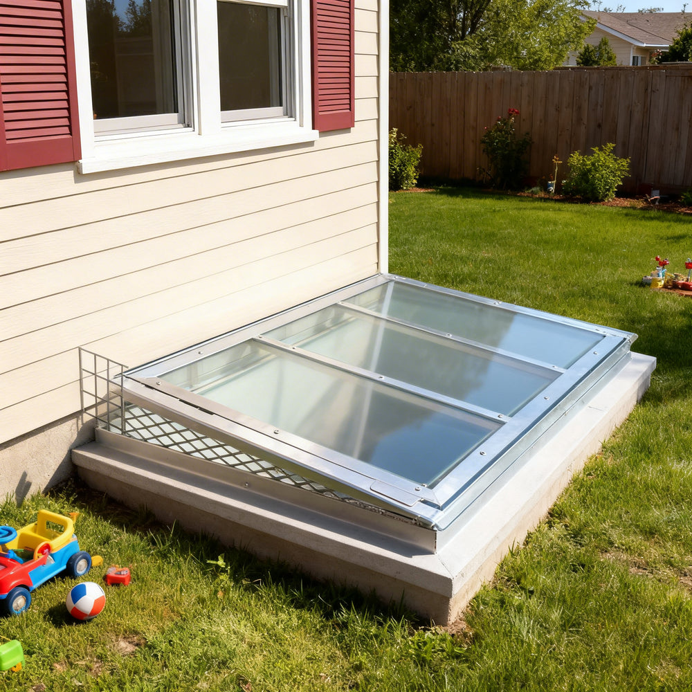 Skylight installed on a house exterior with toys on the grass