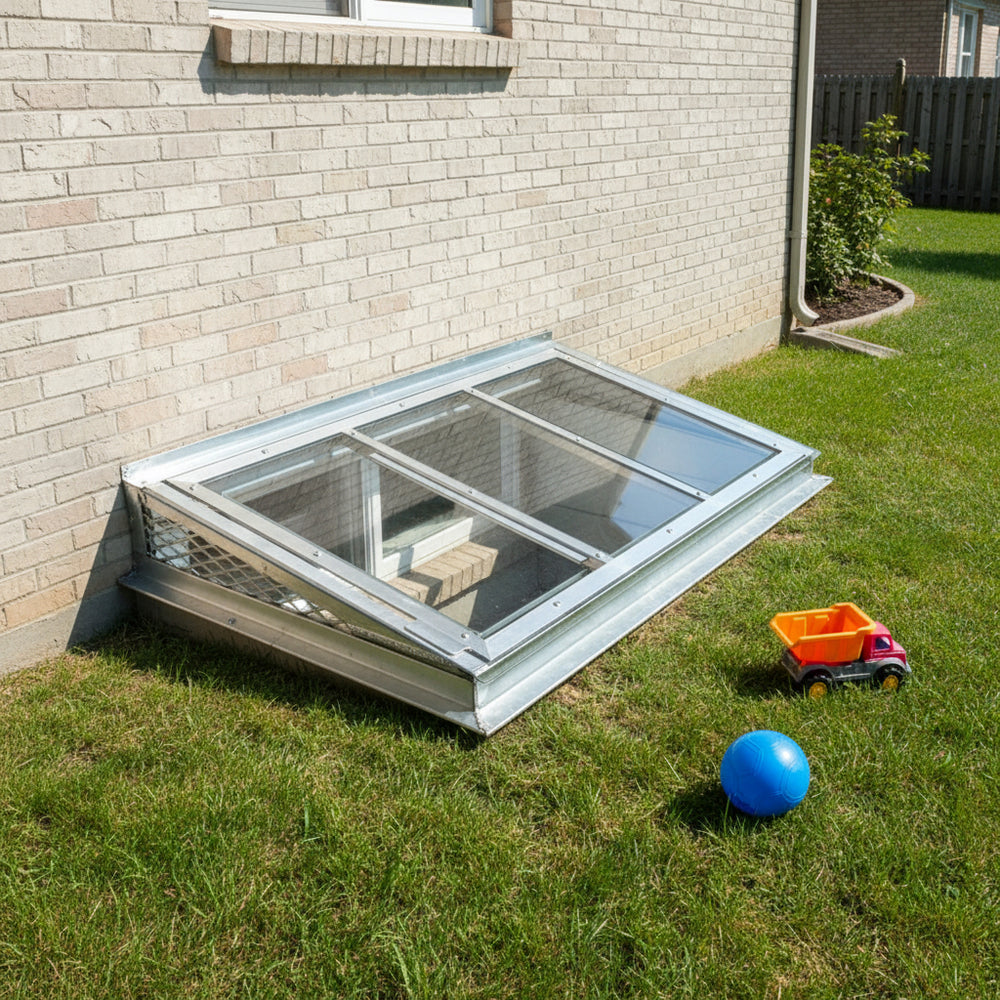 Skylight installed on a house exterior with toys and a ball on the grass.