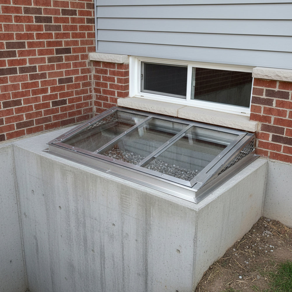 Basement window with concrete sill and brick wall