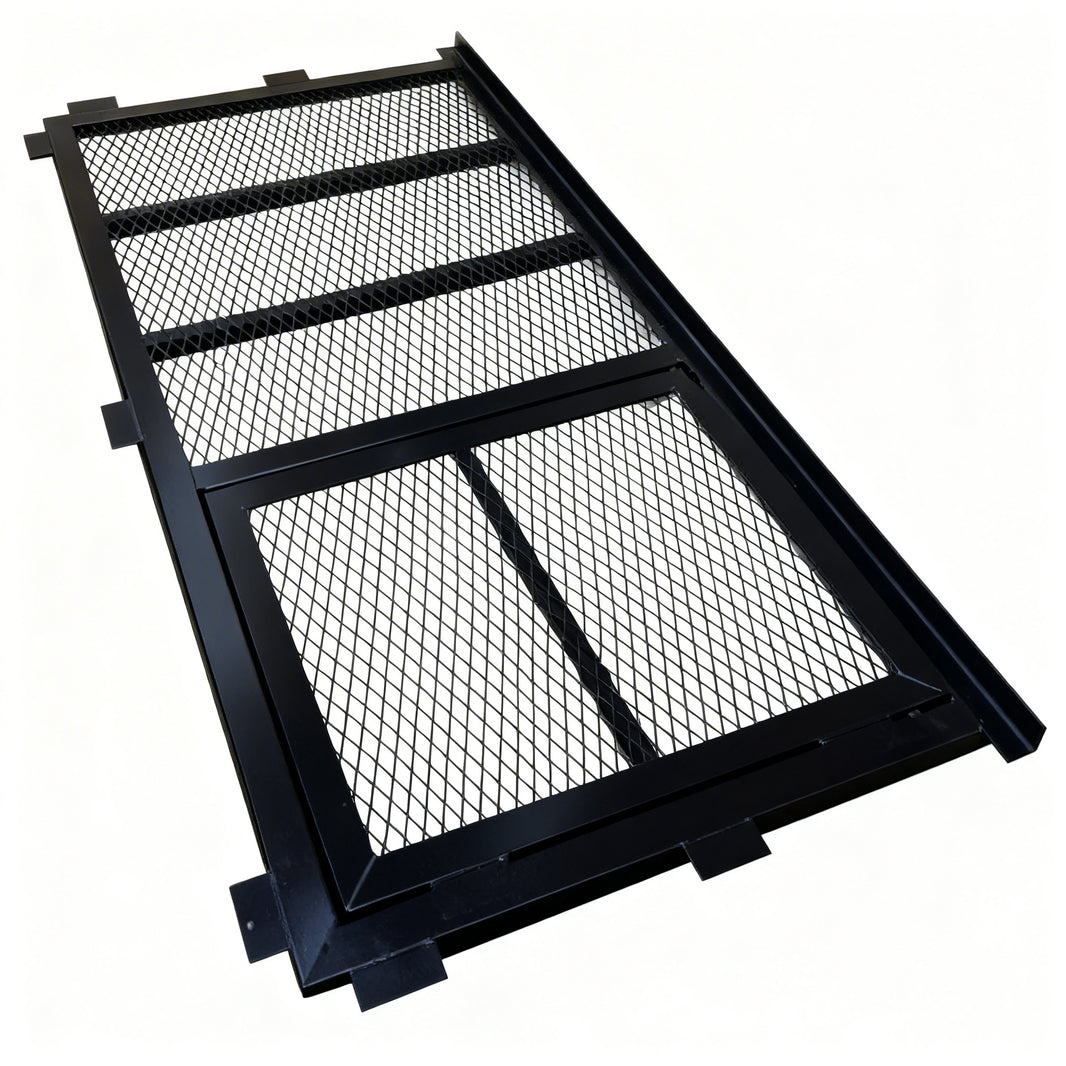 Heavy‑duty steel window well cover with a welded HSS frame and flattened expanded‑metal grate, powder‑coated for durability and designed to protect basement window wells from debris, animals, and snow.