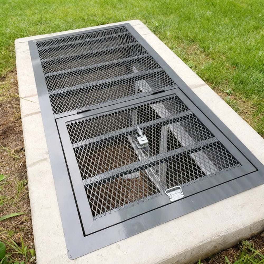 Heavy‑duty aluminum window well grate with expanded‑metal mesh and reinforced frame, designed for basement safety and ventilation.