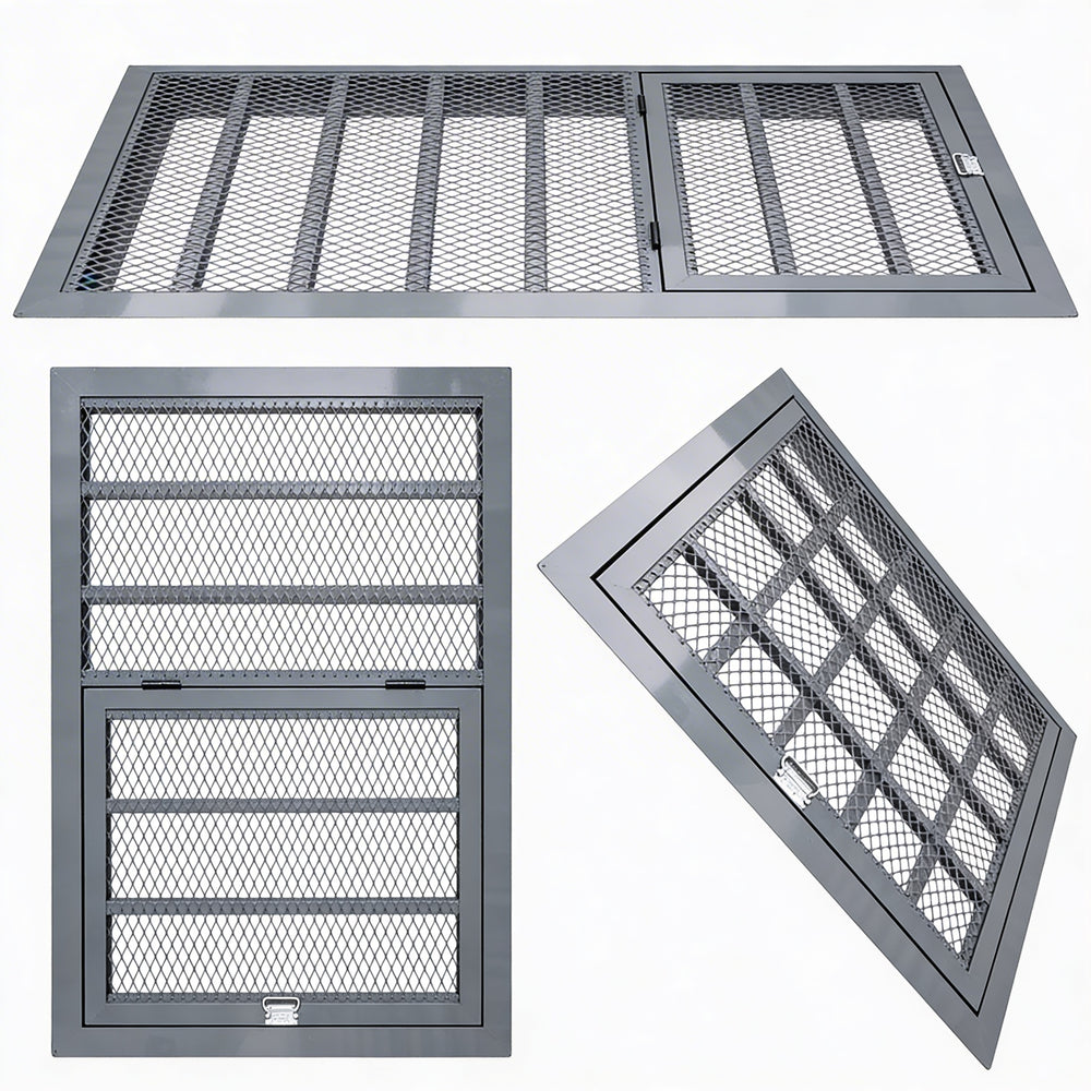 Heavy‑duty aluminum window well grate with expanded‑metal mesh and reinforced frame, designed for basement safety and ventilation.
