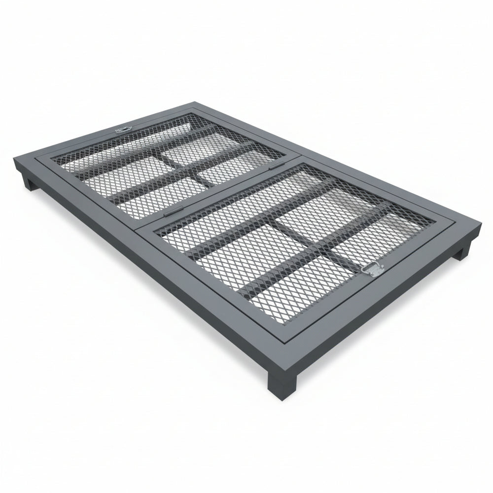 Heavy‑duty aluminum window well grate with expanded‑metal mesh and reinforced frame, designed for basement safety and ventilation.