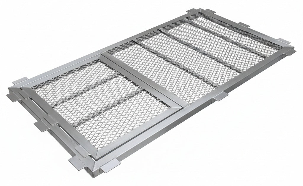 Heavy‑duty aluminum window well grate with expanded‑metal mesh and reinforced frame, designed for basement safety and ventilation.