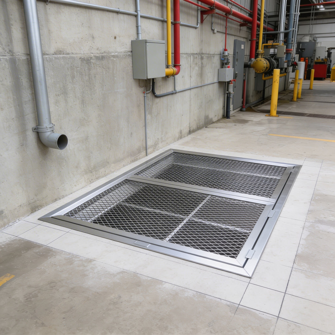 Heavy‑duty aluminum window well grate with expanded‑metal mesh and reinforced frame, designed for basement safety and ventilation.