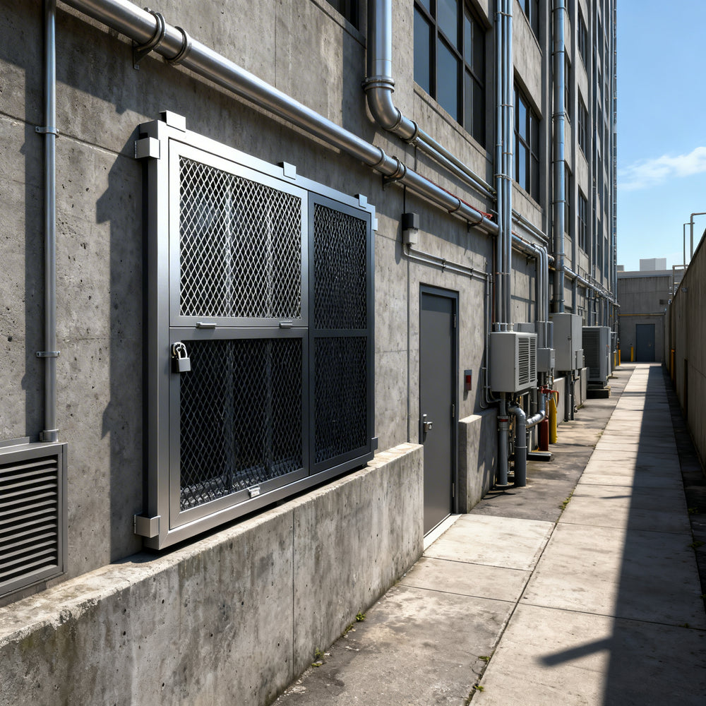 Heavy‑duty aluminum window well grate with expanded‑metal mesh and reinforced frame, designed for basement safety and ventilation.