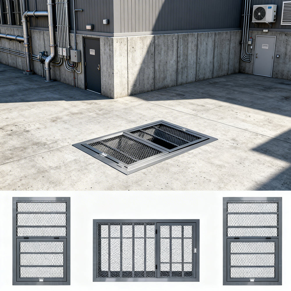Heavy‑duty aluminum window well grate with expanded‑metal mesh and reinforced frame, designed for basement safety and ventilation.