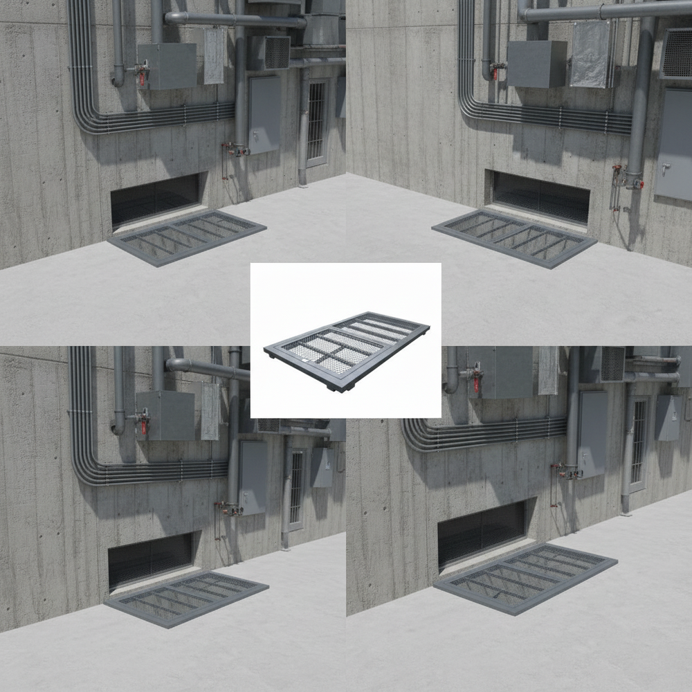 Heavy‑duty aluminum window well grate with expanded‑metal mesh and reinforced frame, designed for basement safety and ventilation.