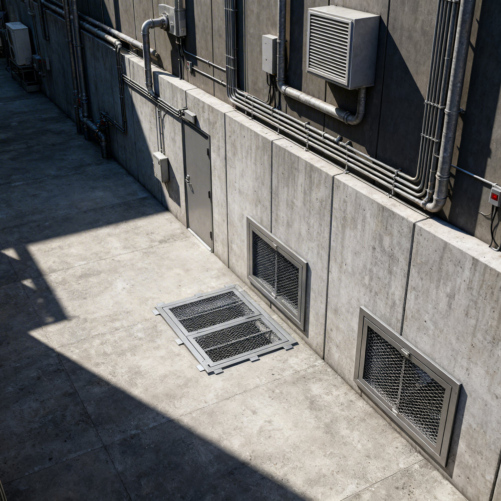 Heavy‑duty aluminum window well grate with expanded‑metal mesh and reinforced frame, designed for basement safety and ventilation.
