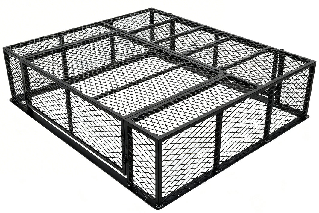 Powder‑coated steel window well grate with welded round‑bar grid and reinforced frame for basement safety and ventilation.