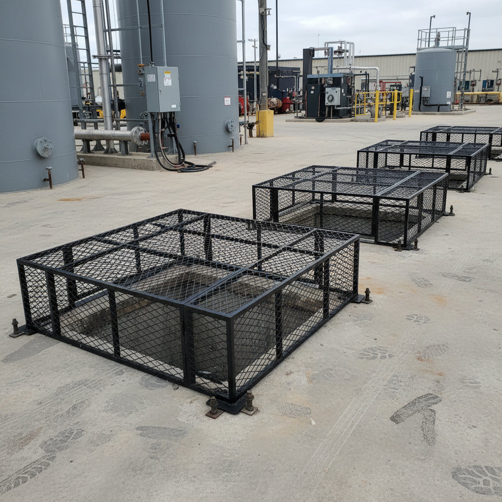 Powder‑coated steel window well grate with welded round‑bar grid and reinforced frame for basement safety and ventilation.