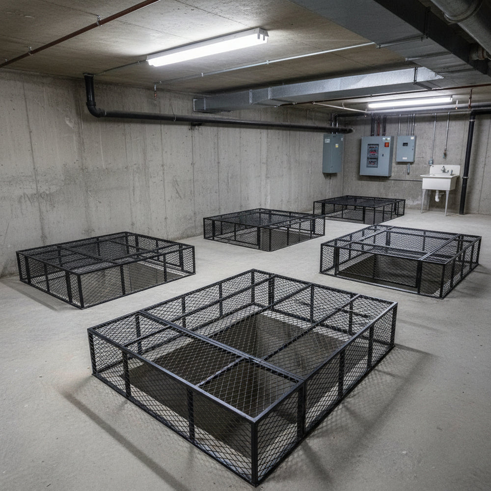 Powder‑coated steel window well grate with welded round‑bar grid and reinforced frame for basement safety and ventilation.