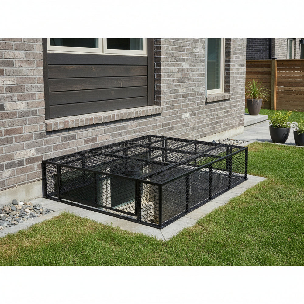 Powder‑coated steel window well grate with welded round‑bar grid and reinforced frame for basement safety and ventilation.