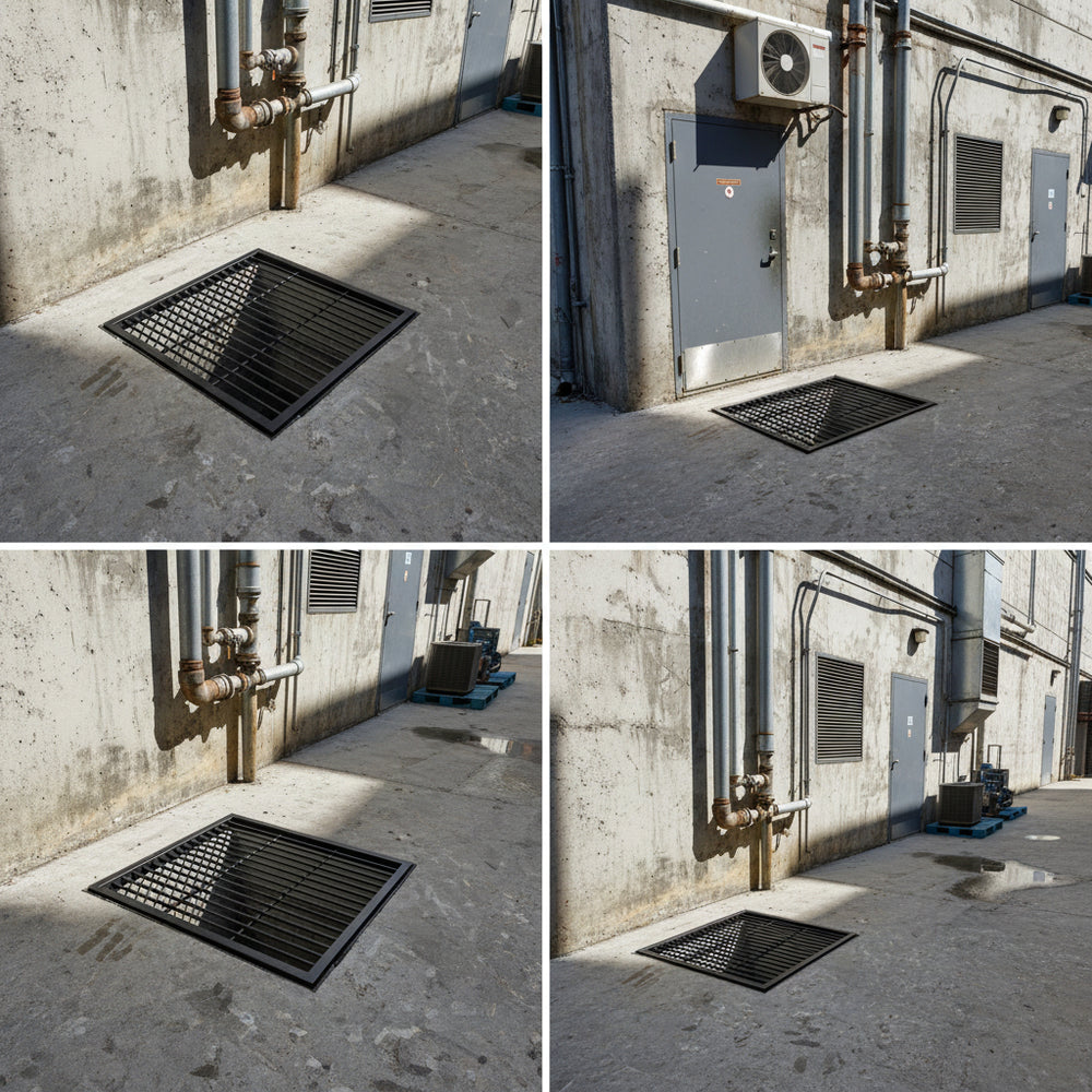 Black steel round‑bar window well grate installed beside a stone exterior wall with surrounding landscaping.