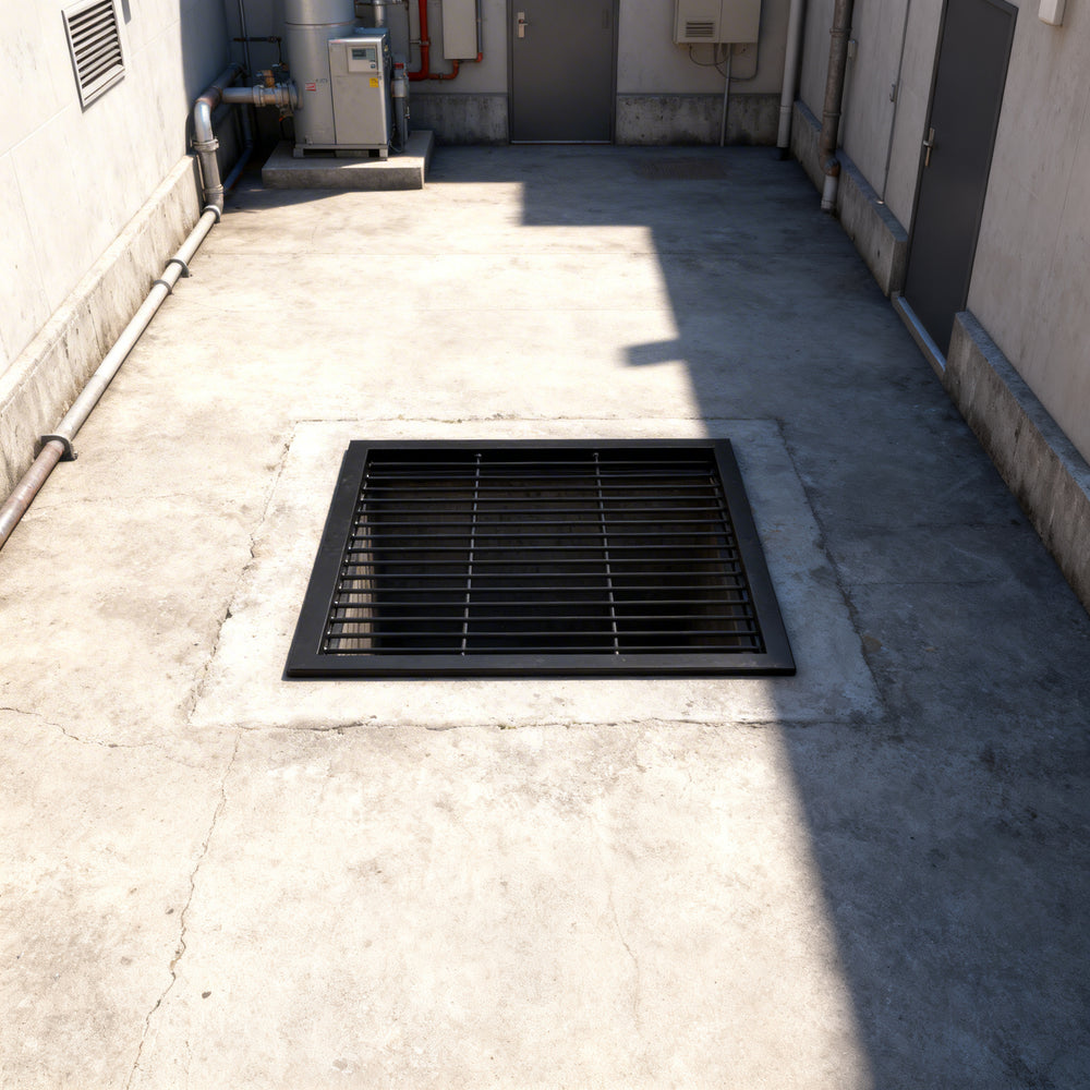 Powder‑coated steel window well grate with welded round‑bar grid and reinforced frame for basement safety.