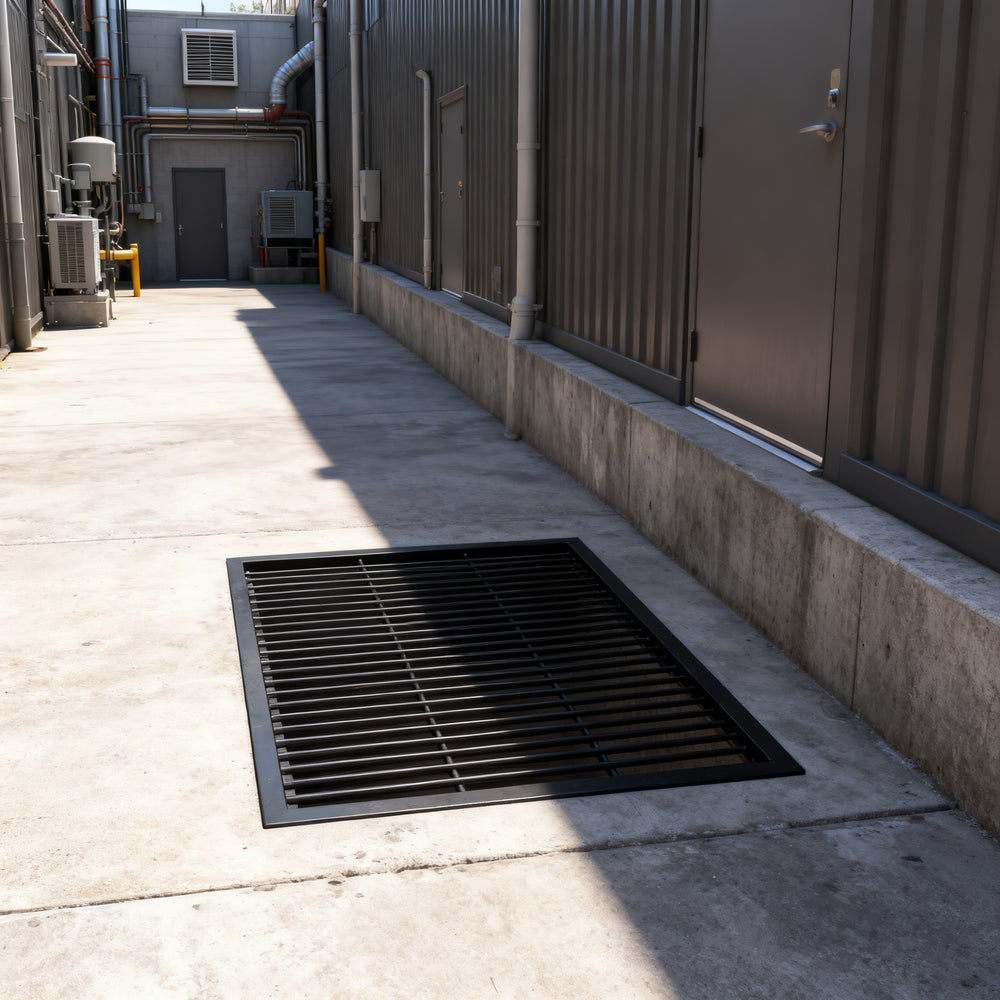 Black steel round‑bar window well grate installed over a gravel‑filled basement window well with a concrete border.