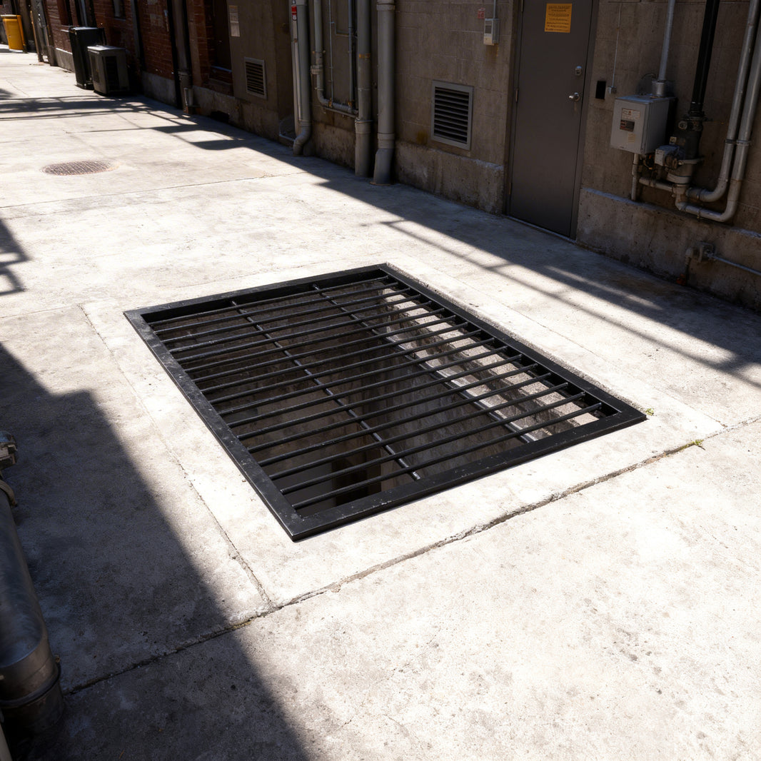 Powder‑coated steel window well grate with welded round‑bar grid and reinforced frame for basement safety.