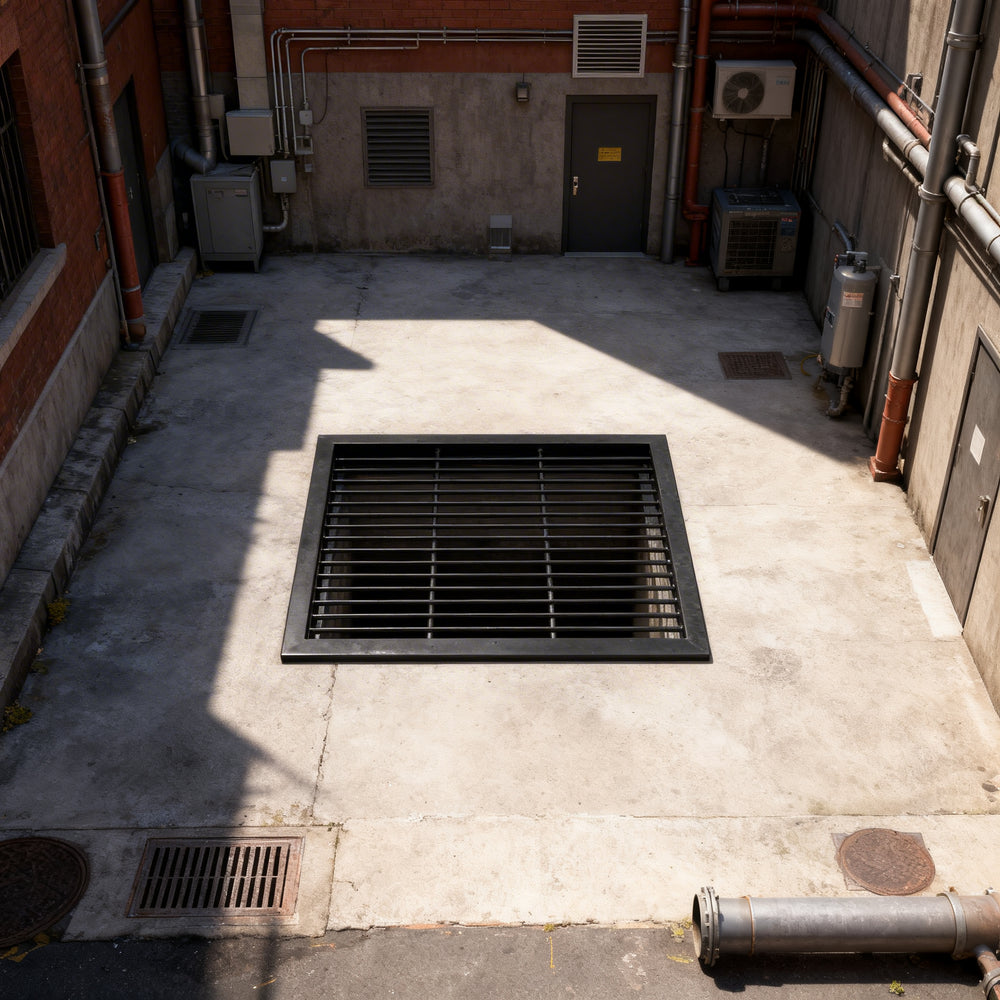 Powder‑coated steel window well grate with welded round‑bar grid and reinforced frame for basement safety.