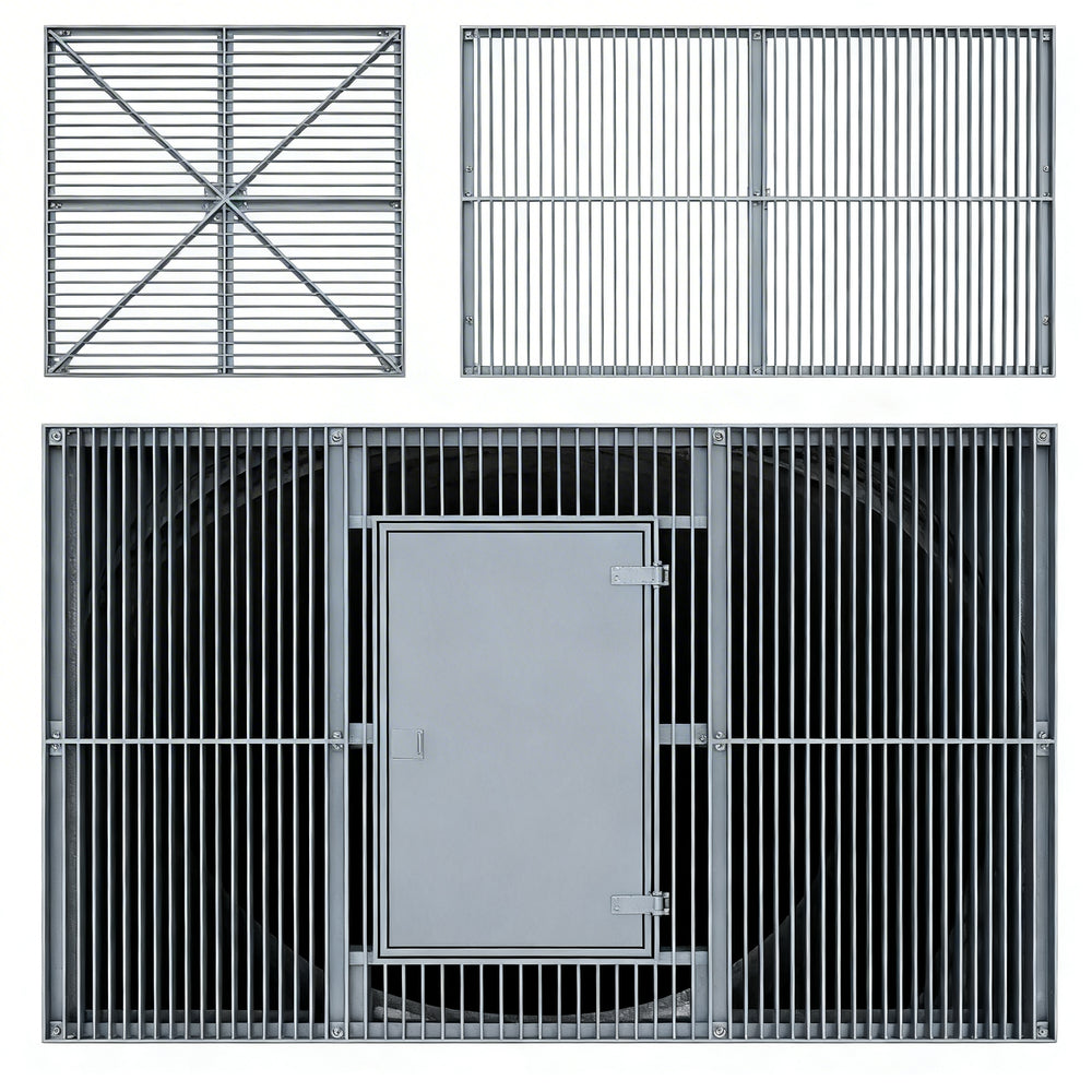 Metal grid panels with different designs on a white background