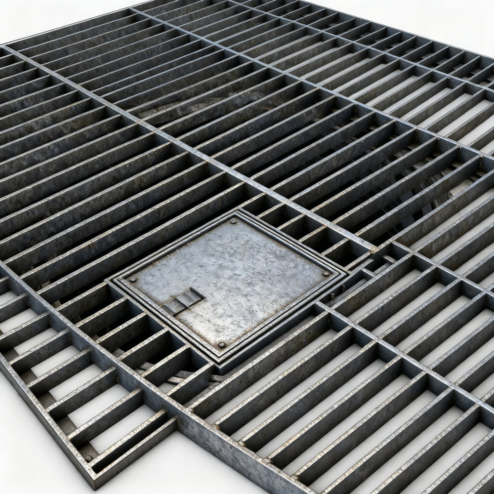 Metallic grid or grate on a white background