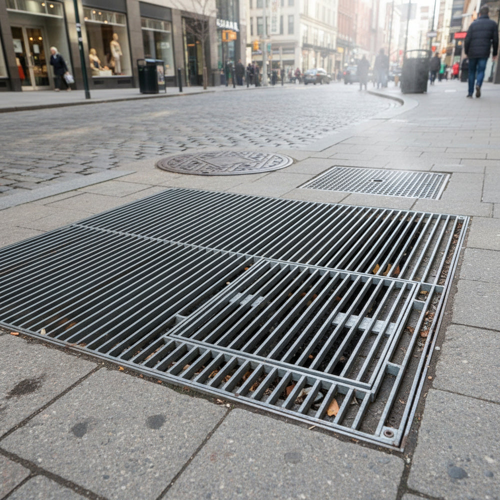 Metal manhole cover on a city sidewalk with pedestrians in the background