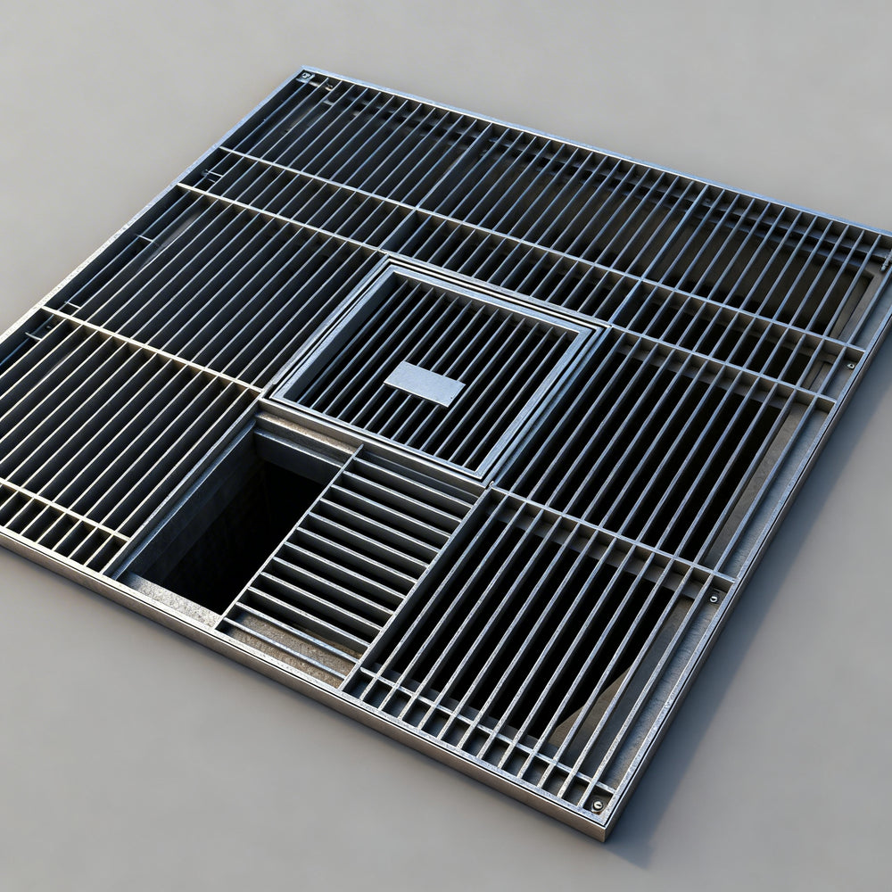 Metal grid drain cover on a gray background