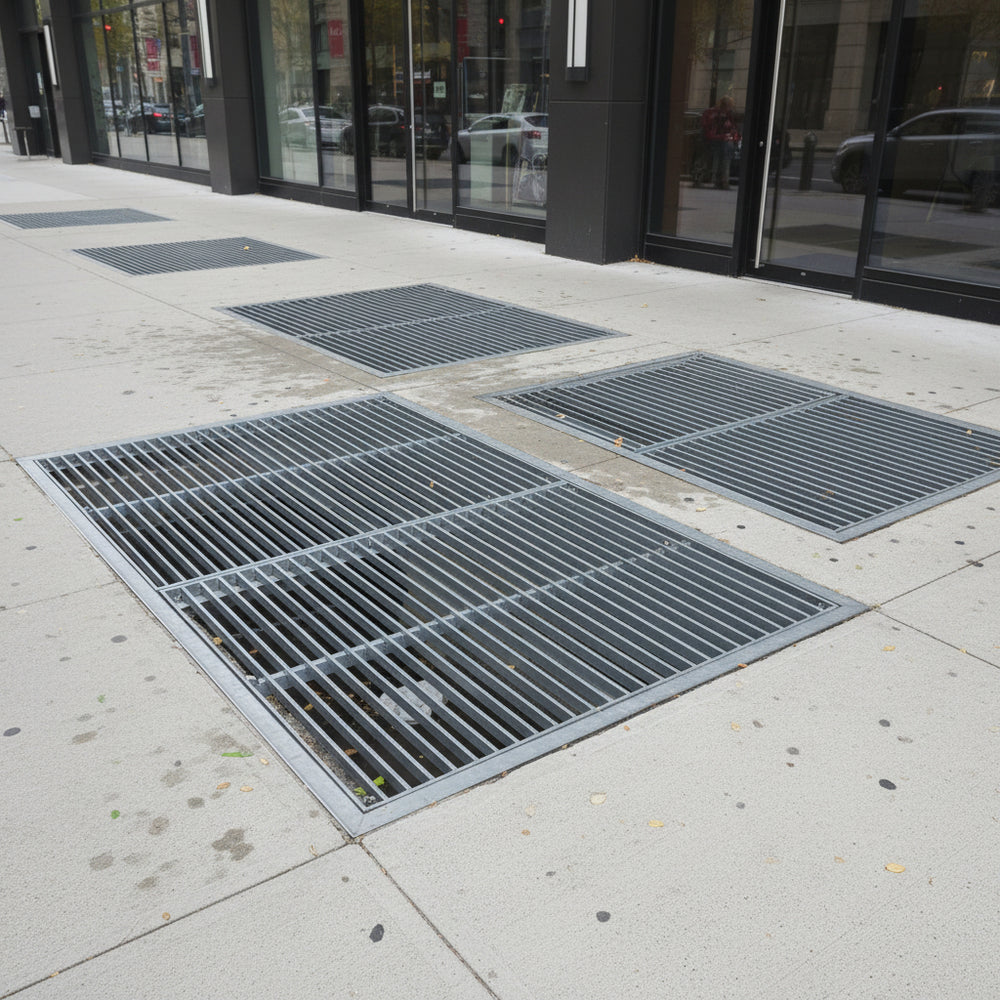 Metal grates on a sidewalk in an urban setting