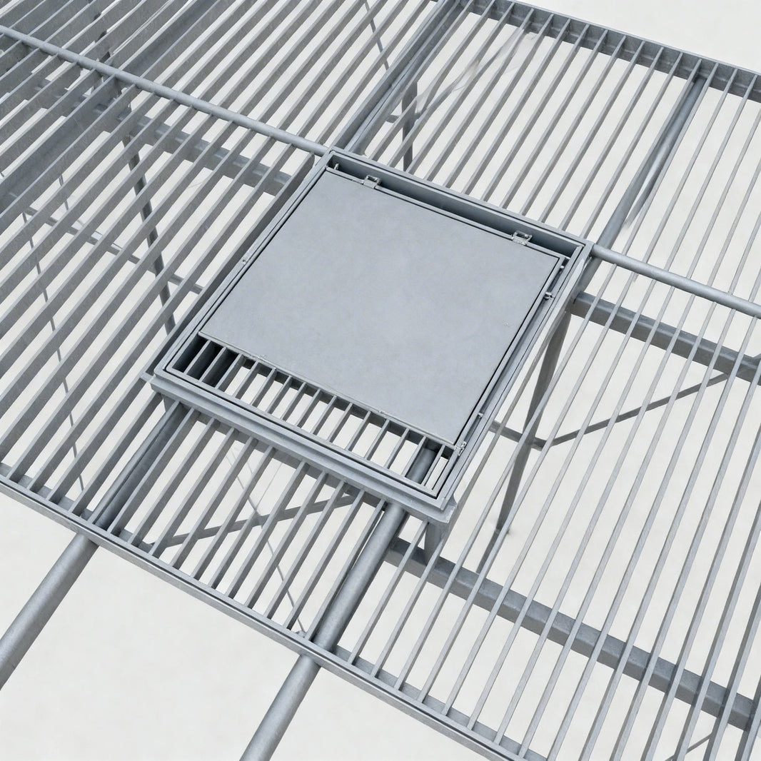 Metal grid structure with a central square panel on a white background