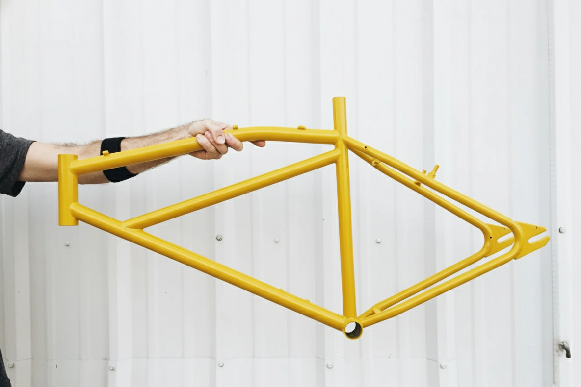 Yellow powder coated bike frame holded with one hand