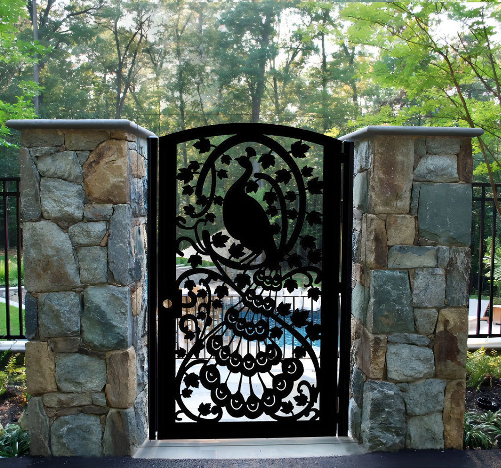 Beautiful Laser Cut Peacock Design Metal Garden Gate | Modern Fabrication Metal Pool Gate | Made in Canada– Model # 216-Taimco