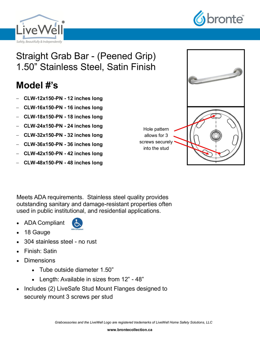 Bronte Straight Grab Bar Smooth Grip 1.25” Stainless Steel Satin Finish CLW-00X125-PN-Taimco