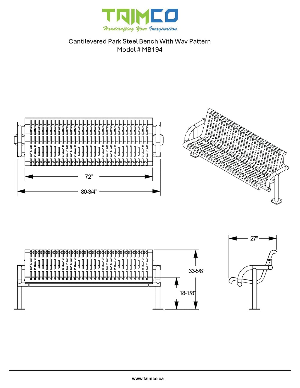 Cantilevered Park Steel Bench with wav pattern | Model # MB194-Taimco