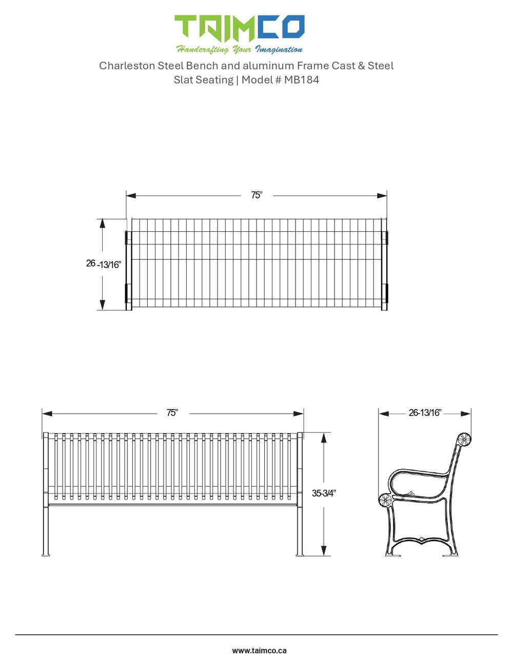 Charleston Steel Bench and aluminum Frame Cast & Steel Slat Seating | Model # MB184-Taimco